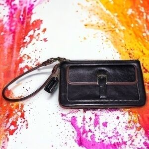 Vintage Coach Black Leather Brown Trim Snap Closure Wristlet - “Shelly”
